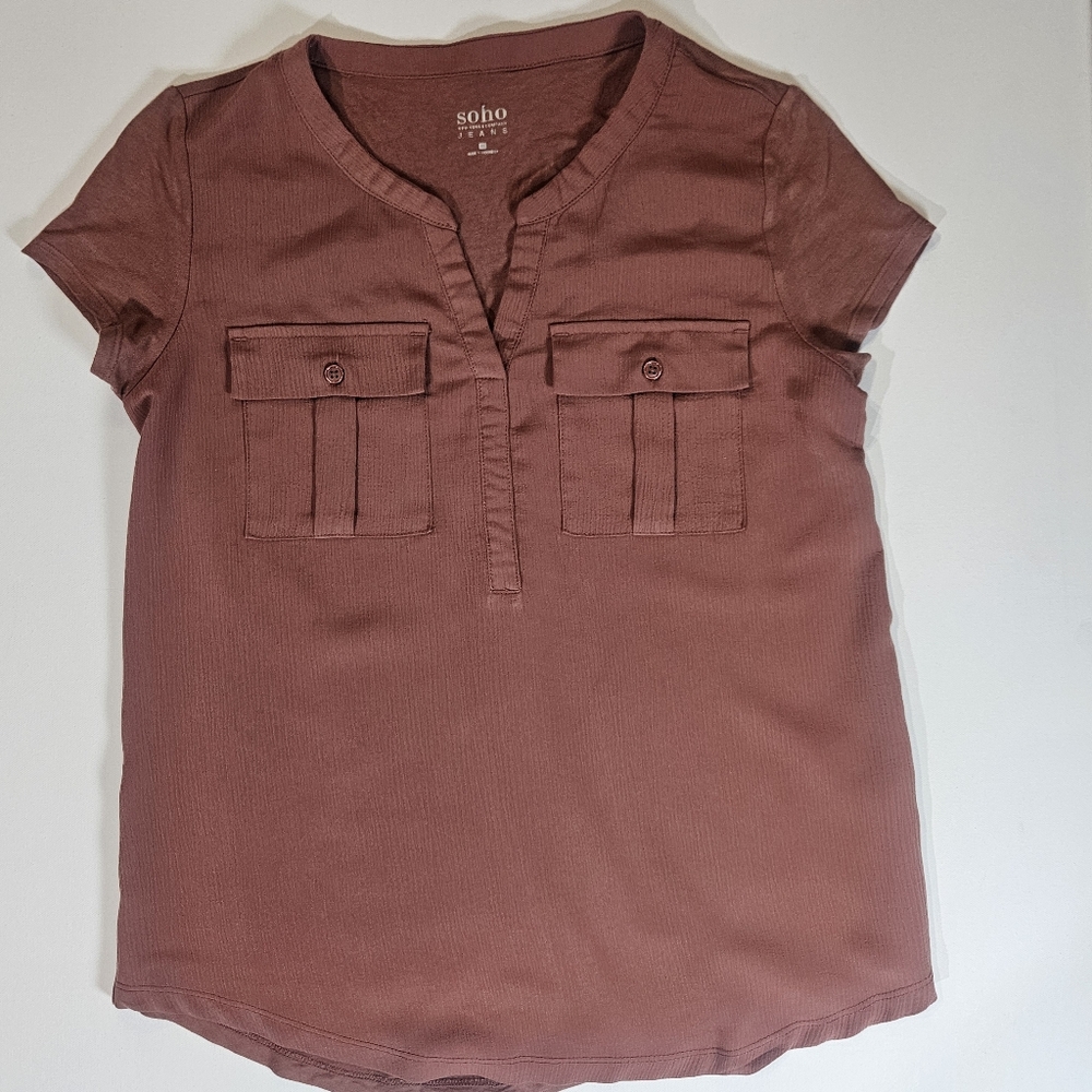 Soho NY & Co Top Womens XS‎ Mauve Split V-neck Pocketed Lightweight Career Top
